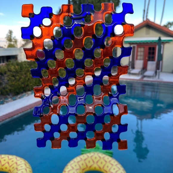 orange and blue wavy fused glass sun catcher - 8x12 inches - Picture 3 of 7